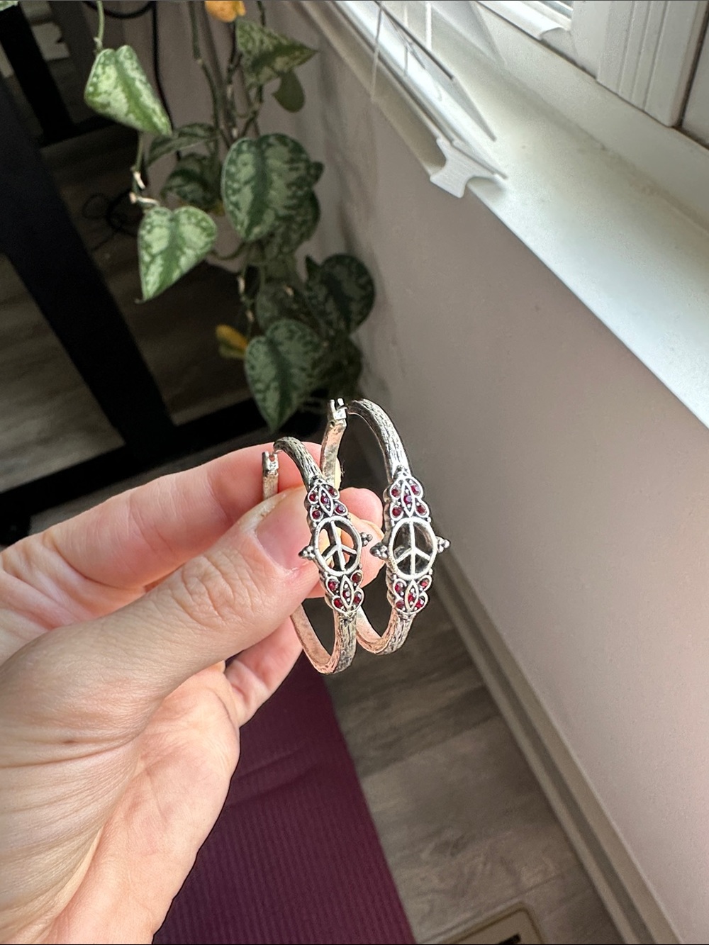 Lucky Brand - Silver Peace Sign Hoop Earrings with Red Accents